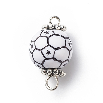 Acrylic Basketball Connector Charms, with Antique Silver Tone Space Beads, Round Ball, White, Football Pattern, 20x11.5~12mm, Hole: 1.6mm & 2.5mm
