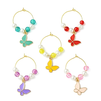 Alloy Enamel Butterfly Wine Glass Charms, with Glass Beads and Brass Wine Glass Charm Rings, Mixed Color, 50mm