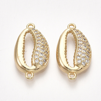 Brass Cubic Zirconia Links, Cowrie Shell Shape, Nickel Free, Real 18K Gold Plated, Clear, 21x11x3.5mm, Hole: 1.2mm