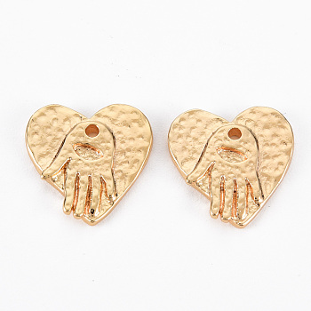 Brass Pendants, Nickel Free, Heart with Hand, Real 18K Gold Plated, 15x14.5x2mm, Hole: 1.4mm