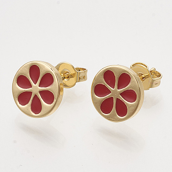 Brass Stud Earrings, with Enamel and Ear Nuts, Flat Round with Flower, Golden, Red, 9.5mm, Pin: 0.7mm