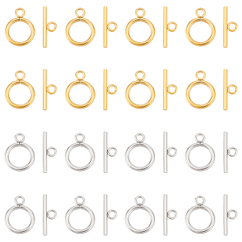 304 Stainless Steel Ring Toggle Clasps, Golden & Stainless Steel Color, Ring: 19x14x2mm, Bar: 20x7x2mm, Hole: 3mm, 2colors, 15sets/color, 30sets/box