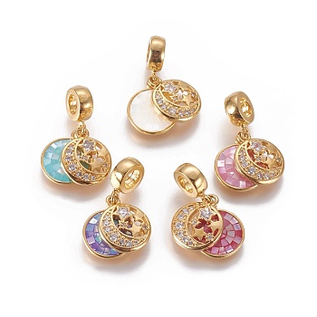 Brass Micro Pave Cubic Zirconia European Dangle Charms, Large Hole Beads, with Enamel and Shell Chips, Flat Round, Golden, Mixed Color, 23mm, Hole: 4mm