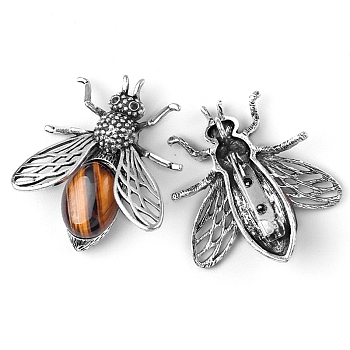 Natural Tiger Eye Bees Brooches, Alloy Pave Glass Rhinestone Insects Brooches, Antique Silver, 48x40x12mm