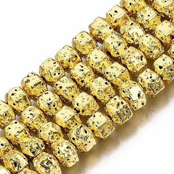 Electroplated Natural Lava Rock Beads Strands, Hexagon, Bumpy, Golden Plated, 6.5x7x5.5mm, Hole: 1.2mm, about 73pcs/strand, 15.55 inch~15.94 inch(39.5cm~40.5cm)