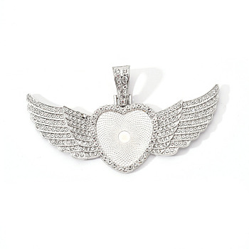 Alloy Pendant Cabochon Settings, with Crystal Rhinestone, Cadmium Free & Lead Free, Heart with Wing, Platinum, Tray: 23x25mm, 38.5x88x5mm, Hole: 16x5mm