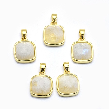Natural Rainbow Moonstone Pendants, with Golden Tone Brass Findings, Square, Faceted, 13x11x5mm, Hole: 3.5x5.5mm