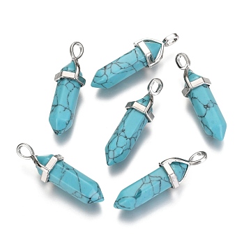 Bullet Dyed Synthetic Turquoise Pointed Pendants, with Platinum Tone Random Alloy Pendant Hexagon Bead Cap Bails, 36~40x12mm, Hole: 3x4mm, Gemstone: 8mm in diameter