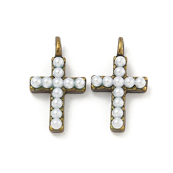 Rack Plating Brass Pendants, with ABS Imitation Pearl Beads, Long-Lasting Plated, Cadmium Free & Lead Free, Cross, Antique Bronze, 16x9x3.5mm, Hole: 1.6mm