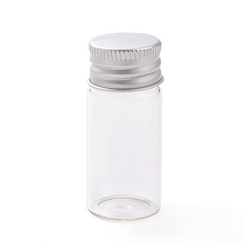(Defective Closeout Sale: Slightly Concave Cap) Glass Bead Containers, with Screw Aluminum Cap and Silicone Stopper, Platinum, Clear, 5.1x2.2cm, Capacity: 10ml(0.34fl. oz)