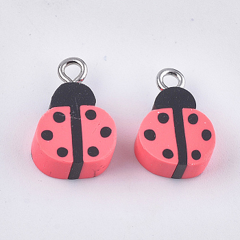 Handmade Polymer Clay Pendants, with Iron Findings, Ladybug, Platinum, Light Coral, 15~17x10~10.5x5mm, Hole: 1.8mm