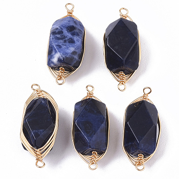 Natural Sodalite Links connectors, Brass Wire Wrapped Links, Faceted, Column, Golden, 22.5~32x9~12x8~9mm, Hole: 1.2mm
