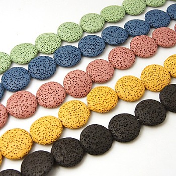 Natural Lava Rock Beads Strands, Flat Round, Dyed, Mixed Color, 20~21.5x7~8mm, Hole: 1mm, about 19pcs/strand, 15.35 inch