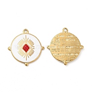 Vacuum Plating 201 Stainless Steel Enamel Pendants, with Rhinestones, Real 18K Gold Plated, Flat Round Charm, Light Siam, 24.5x23x2.5mm, Hole: 1.4mm(STAS-J401-VC981)