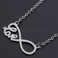 Valentine's Day Theme, 201 Stainless Steel Pendant Necklaces, with Cable Chains and Lobster Claw Clasps, Infinity with Word Love, Stainless Steel Color, 17.12 inch(43.5cm), 2mm(NJEW-S105-JN522-1)