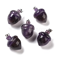 Natural Amethyst Pendants, with Rack Plating Brass Findings, Cadmium Free & Lead Free, Real Platinum Plated, Acorns, 29x20~21mm, Clasp: 5x4mm(G-M393-01P-04)