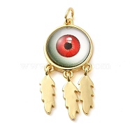 Real 18K Gold Plated Brass Pendants, with Acrylic and Jump Ring, Flat Round with Evil Eye Charms, Red, 30.5x14x5mm, Hole: 3.4mm(KK-A198-02G-02)