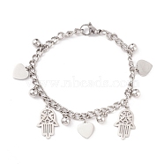 201 Stainless Steel Heart & Hamsa Hand Charm Bracelet with Curb Chain for Women, Stainless Steel Color, 8-1/8 inch(20.6cm)(STAS-P304-29P)