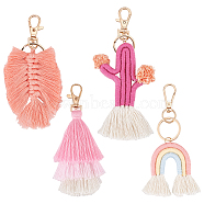 WADORN 4Pcs 4 Style Weaving Tassel Cotton Pendant Decorations, Alloy Lobster Clasps Charm, Clip-on Charm, for Keychain, Purse, Backpack Ornament, Cerise, 115~145mm, 1pc/style(KEYC-WR0001-47C)
