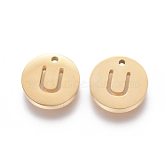 Ion Plating(IP) 304 Stainless Steel Charms, Flat Round with Letter, Golden, Letter.U, 10x1.5mm, Hole: 1mm(STAS-I120-10U-G)