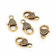 Tibetan Style Heart Lobster Claw Clasps, Cadmium Free & Lead Free, Antique Golden, 26.5x14x6mm, Hole: 4mm(GLF014Y)