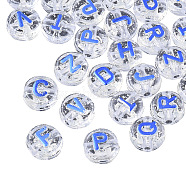 Plating Transparent Acrylic Beads, with Glitter Powder, Metal Enlaced, Flat Round with Letter, Blue, 10x6mm, Hole: 1.8mm, about 632pcs/200g(MACR-SZ0001-47B)
