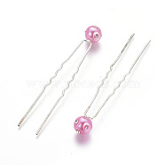 (Defective Closeout Sale), Lady's Hair Forks, with Silver Color Plated Iron Findings, Acrylic Imitation Pearl and Crystal Rhinestone, Round, HotPink, 75mm(PHAR-XCP0001-F02)