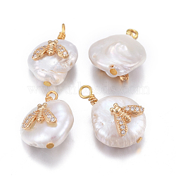 Natural Cultured Freshwater Pearl Pendants, with Brass Micro Pave Cubic Zirconia Findings, Nuggets with Insect, Golden, Clear, 17~26x11~16x5~11mm, Hole: 1.6~2mm(PEAR-L027-61E)