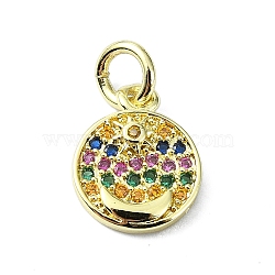 Brass Micro Pave Cubic Zirconia Pendants, with Jump Ring, Flat Round with Moon Charm, Real 18K Gold Plated, 11.5x9x2mm, Hole: 3mm(KK-H475-15G-03)