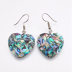 Abalone Shell/Paua Shell Dangle Earrings, with Brass Findings, Heart, Platinum, 45mm, Pin: 0.7mm(EJEW-F147-C16)