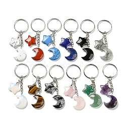 Reiki Natural & Synthetic Mixed Gemstone Moon & Star Pendant Keychains, with Iron Keychain Rings, 7.8cm(KEYC-P015-02P)