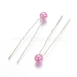 (Defective Closeout Sale), Lady's Hair Forks, with Silver Color Plated Iron Findings, Acrylic Imitation Pearl and Crystal Rhinestone, Round, Hot Pink, 75mm(PHAR-XCP0001-F02)