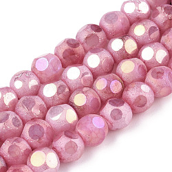Opaque Frosted Glass Beads Strands, AB Color Plated, Faceted, Round, Flamingo, 6.5x6mm, Hole: 1.5mm, about 70pcs/strand, 16.38 inch(41.6cm)(EGLA-N006-076G)