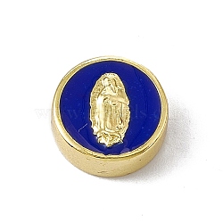 Real 18K Gold Plated Brass Enamel Beads, Long-Lasting Plated, Religion, Cadmium Free & Lead Free, Flat Round with Virgin Mary, Blue, 11x4.5mm, Hole: 1.8mm(KK-A170-02G-04)