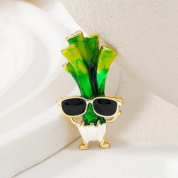 Golden Zinc Alloy Brooches, Scallion with Sunglasses Enamel Pins, Japanese Style Cartoon Vegetable Badge, for Men Women, Green, 32x18mm