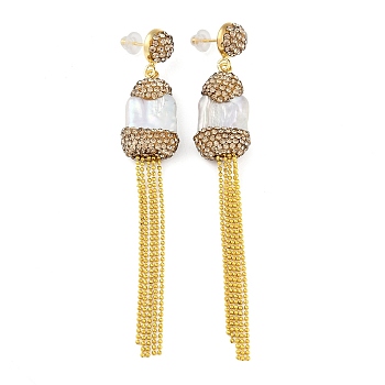 Rack Plating Nuggets Tassel Brass With Natural Pearl Handmade Indonesia Stud Earrings, Long-Lasting Plated, Dark Goldenrod, 98.5x15mm