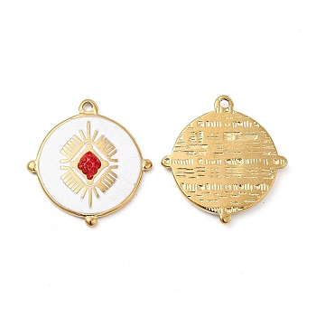 Vacuum Plating 201 Stainless Steel Enamel Pendants, with Rhinestones, Real 18K Gold Plated, Flat Round Charm, Light Siam, 24.5x23x2.5mm, Hole: 1.4mm