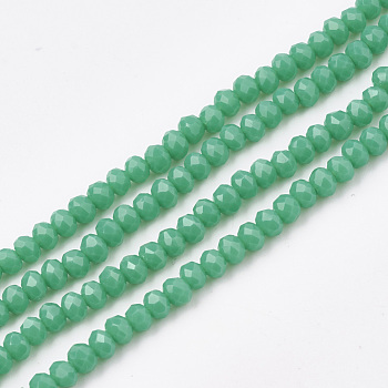 Opaque Solid Color Glass Beads Strands, Faceted, Rondelle, Light Sea Green, 3~3.5x2.5~3mm, Hole: 0.5mm, about 130pcs/strand, 13.7 inch