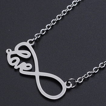 Valentine's Day Theme, 201 Stainless Steel Pendant Necklaces, with Cable Chains and Lobster Claw Clasps, Infinity with Word Love, Stainless Steel Color, 17.12 inch(43.5cm), 2mm