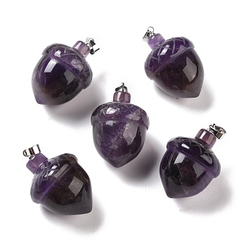 Natural Amethyst Pendants, with Rack Plating Brass Findings, Cadmium Free & Lead Free, Real Platinum Plated, Acorns, 29x20~21mm, Clasp: 5x4mm