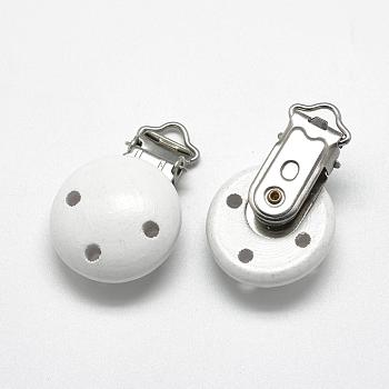 Dyed Wood Baby Pacifier Holder Clips, with Iron Clips, White, 48x29x19mm, Hole: 13.5x5mm