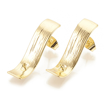 Brass Stud Earring Findings, with Ear Nuts/Earring Backs, Twist, Nickel Free, Real 18K Gold Plated, 26.5x6.5mm, pin: 0.6mm