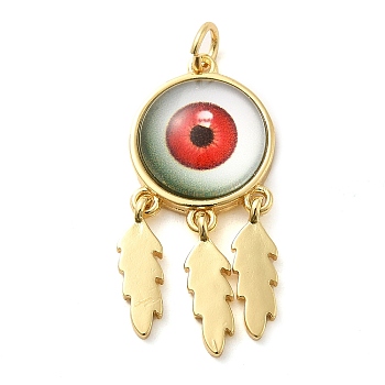 Real 18K Gold Plated Brass Pendants, with Acrylic and Jump Ring, Flat Round with Evil Eye Charms, Red, 30.5x14x5mm, Hole: 3.4mm