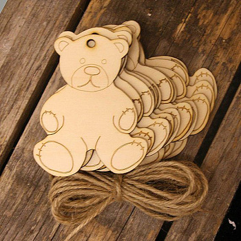 Unfinished Wood Pendant Decorations, with Hemp Rope, for Christmas Ornaments, Bear, 10x10x0.3cm, 10pcs/bag