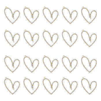 20Pcs Alloy Crystal Rhinestone Pendants, Heart Charms, Light Gold, 37x29x2.5mm, Hole: 1.6mm