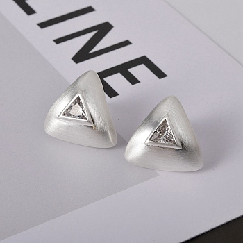 Triangle Brass Drawbench Stud Earring, with Clear Cubic Zirconia, for Women, 925 Sterling Silver Plated, 19x20mm