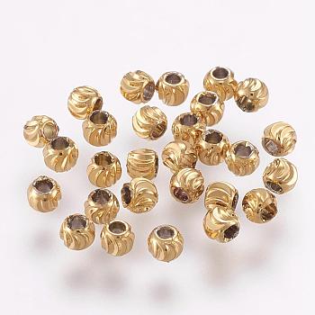 Brass Spacer Beads, Long-Lasting Plated, Corrugated Round, Real 18K Gold Plated, 3x2mm, Hole: 1.2mm