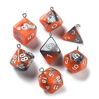 7Pcs 7 Styles Opaque Resin Polyhedral Dice Pendants Set, Multi-Sided Dice Charms with Platinum Plated Iron Loops, Mixed Shapes, Dark Orange, 20~28x19~24x17~24mm, Hole: 2mm, 1pc/style