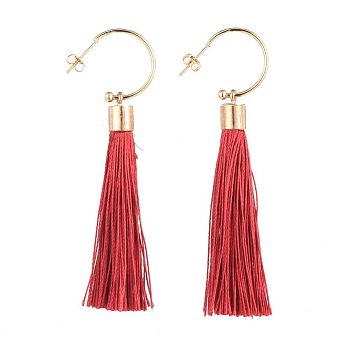 Brass Stud Earring, with Polyester Tassel Pendants and Ear Nuts, Red, 80mm, Pin: 0.6mm