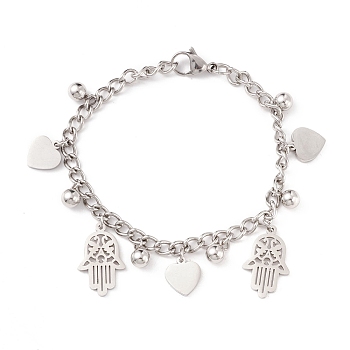 201 Stainless Steel Heart & Hamsa Hand Charm Bracelet with Curb Chain for Women, Stainless Steel Color, 8-1/8 inch(20.6cm)